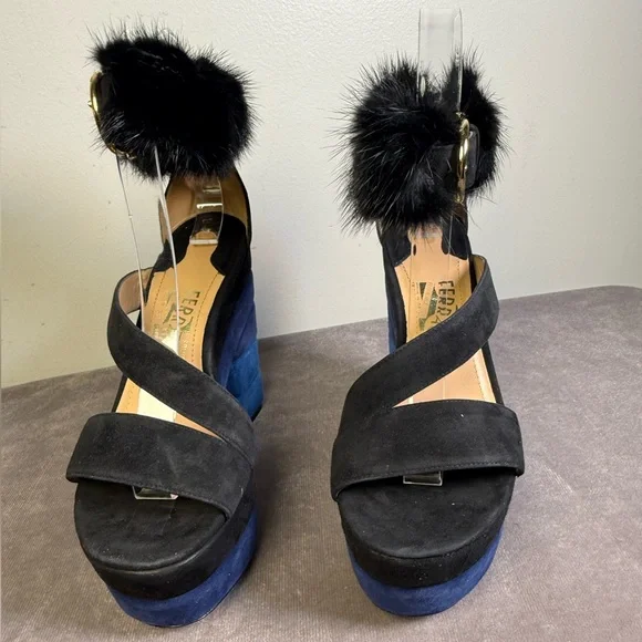 Salvatore Ferragamo suede mink platform sandals color-blocked blue black SIZE 5 - Picture 5 of 14